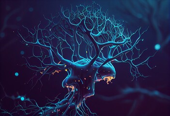 Synapse and neuron illustration on a neon dark blue backdrop. Generative Ai