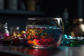 Closeup of a glass in a chemical reaction with different colored substances. Generative AI
