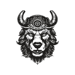 bear wearing viking helmet, vintage logo concept black and white color, hand drawn illustration