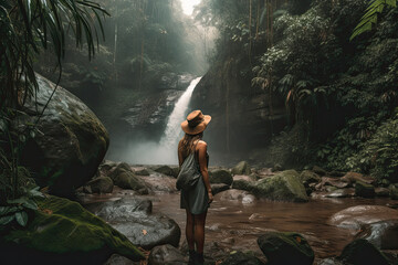 Woman in front of a waterfall in a tropical forest. Generative AI