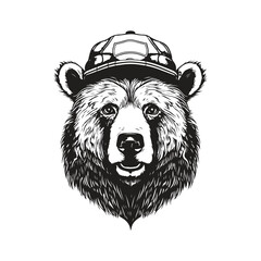 bear wearing hat, vintage logo concept black and white color, hand drawn illustration