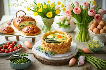 buffet table with various types of food. Generative AI