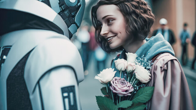 Young Woman in Graduation Gown Receives Flower Bouquet from Joyful Humanoid Robotic Friend, Symbolizing the Emergence of Coexistence Between Human and Artificial Intelligence. Generative AI