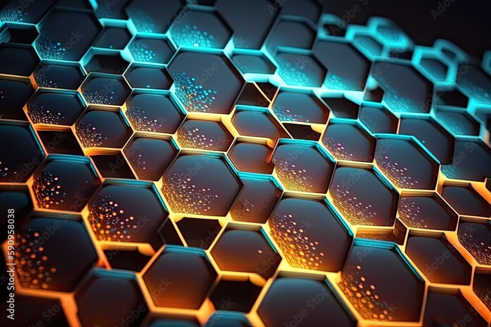 Poster colorful pattern made up of hexagons of various sizes and colors. generative ai