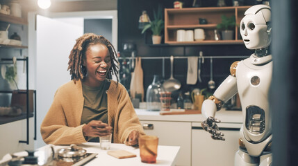 A charming woman laughs and savors conversing with a humanoid robot in her home kitchen - The approaching normality: AI assistants in everyday life. Generative AI