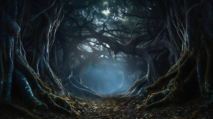 Illustration of A Dark and Scary Forest of Intertwined Trees
