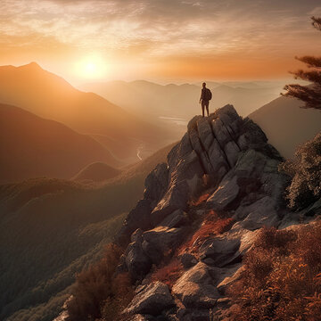 Silhouette of a person climbing a mountain at dawn