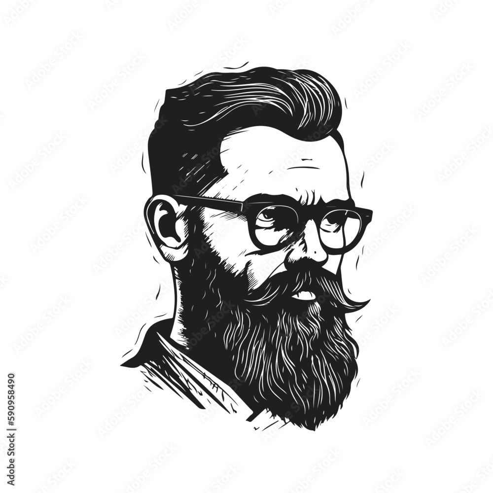 Wall mural bearded man in glasses, vintage logo concept black and white color, hand drawn illustration - Wall murals