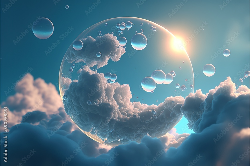 Poster beautiful modern abstract artwork of the sky captured in the transparent sphere bubble that reflect 