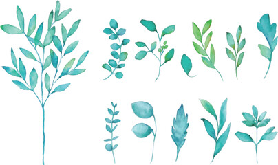水彩画。水彩タッチの草木ベクターイラスト。草木のエコ風イラスト挿絵。緑の植物装飾。Watercolor painting. Grass and trees vector illustration with watercolor touch. Illustration illustration illustration of plants and trees ecological style. Gr