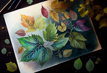 Leaves, watercolor, can be used as greeting card, invitation card for wedding, birthday and other holiday and summer background. Generative AI