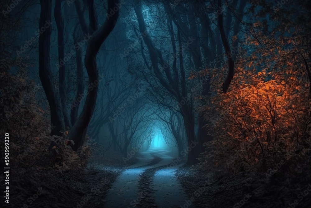 Aufkleber mysterious forest with a captivating light at the end of a long tunnel. generative ai