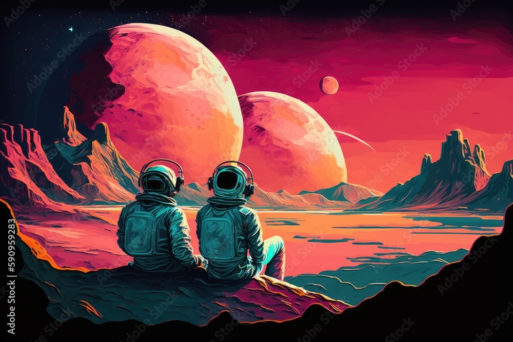 Canvas Prints two astronauts observing planets from a rocky terrain. generative ai