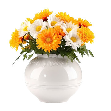 bouquet of daisies in vase isolated on transparent background, generative ai
