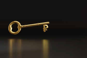 Golden key with ruble sign with copy space. 3d illustration.