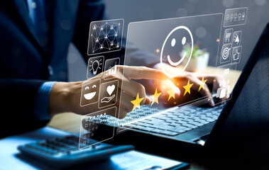 Customer review satisfaction feedback survey concept. Business people rate service experience and product quality or staff friendliness and overall value for the price. information, amend,  improve