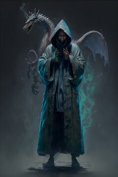 Full body of exotic asian nymph kneeling praying conjuring a dragon Big chest very fit dressed in a solk robe with hoody with a look of joy studio lighting in the style of Peter Lindbergh fog mist 