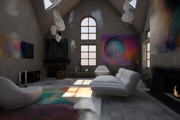 living room interior, surrealism, colourful, designer, architecture. Created using generative AI.