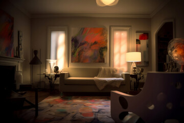 living room interior, surrealism, colourful, designer, architecture. Created using generative AI.