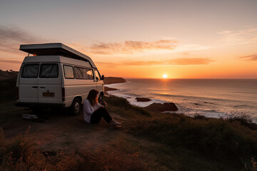 Young couple sits on a hill above the sea next to their camper van and looks at the sunset, generative AI