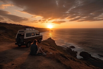 Fototapeta na wymiar Young couple sits on a hill above the sea next to their camper van and looks at the sunset, generative AI