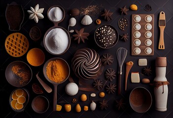 Baking ingredients and utensils on black background. Flat lay. Generative ai