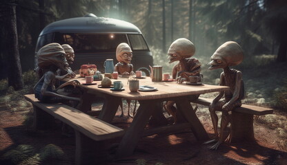 A group of aliens are eating together on the table. Based on Generative Ai.