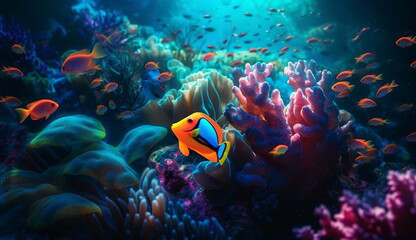 Fototapeta na wymiar Beautiful underwater scenery with shining colored fish and aquatic plant life. Based on Generative Ai.