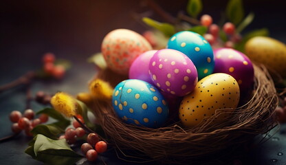 Obraz na płótnie Canvas Happy Easter Celebration Colorful Egg. Based on Generative Ai.