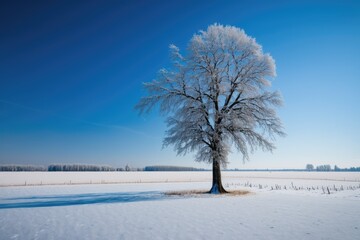 single tree standing in a snowy landscape. Generative AI