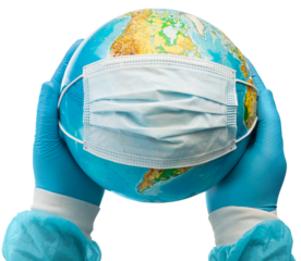 World Epidemic Danger. Earth globe with a face mask and hands