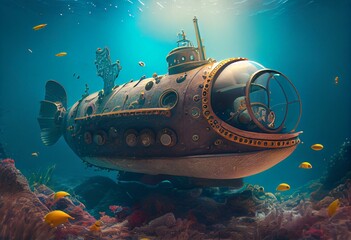 Obraz premium Steampunk submarine exploring the sea bed. Generative AI