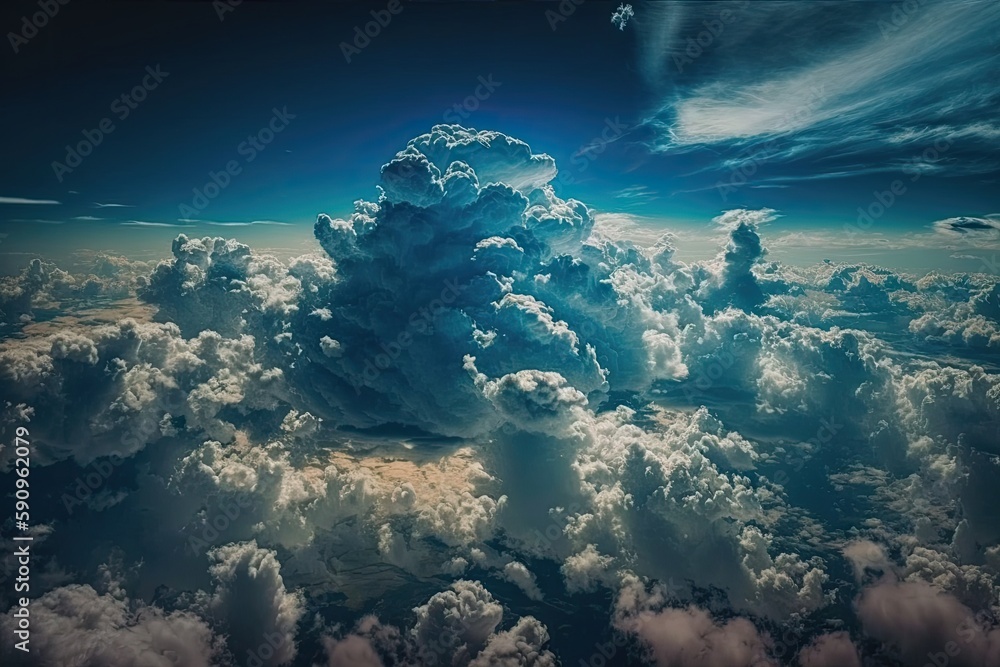 Poster the aerial view of clouds from an airplane window. generative ai