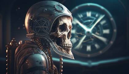 skull astronaut time traveler, digital art illustration, Generative AI