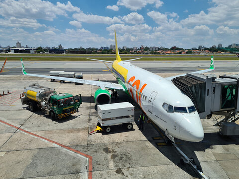 Airplanes at the passenger terminal of Congonhas Airport in Sao Paulo, Brazil