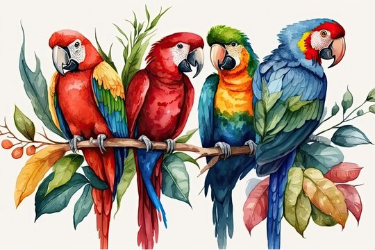three vibrant parrots perched on a branch in a tropical setting. Generative AI