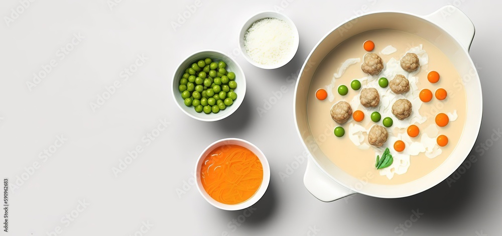 Poster soup with meatballs: step 1 of a step-by-step recipe squarish white backdrop with cauliflower, tiny 