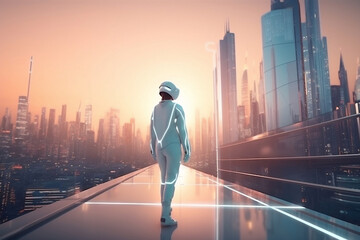 Astronaut walking into future. Futuristic, modern, AI. Created using generative AI.