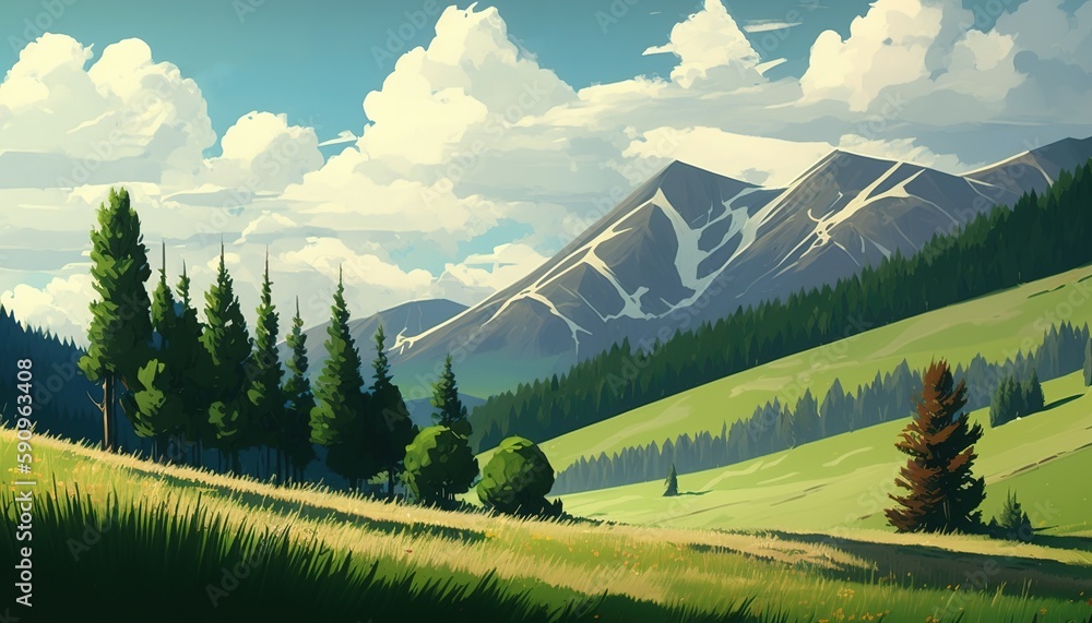 Poster summer mountains with forests. the day was bright and sunny. grassy clearing with trees. clouds gene