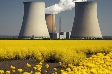 nuclear power plant emitting smoke in a field of yellow flowers. Generative AI