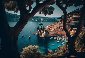 Villefranche sur Mer, France. Seaside town on the French Riviera (or Côte d'Azur). Generative AI - obrazy, fototapety, plakaty