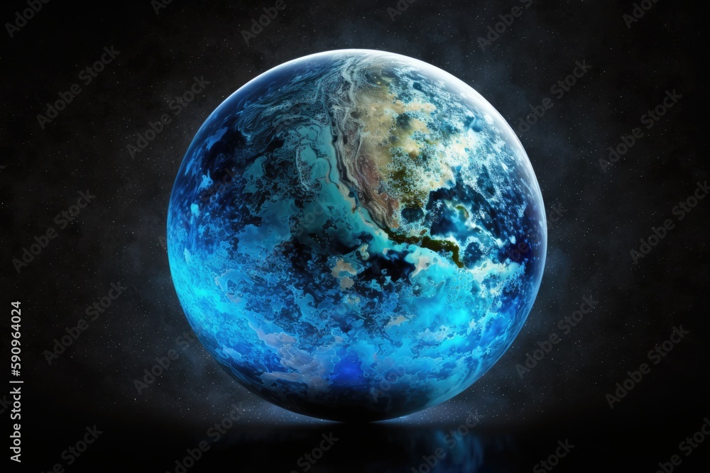 Poster blue planet in space with a dark background. generative ai