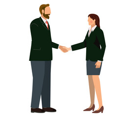 握手をするスーツ姿のヒゲの男性とスーツ姿の女性のイラスト　ビジネスイメージ商談