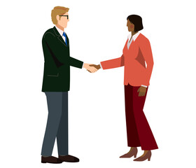 握手をするスーツ姿の白人男性とスーツ姿の黒人女性のイラスト　ビジネスイメージ商談