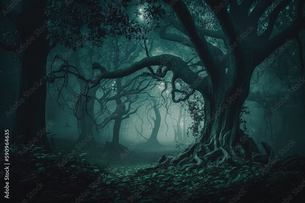 Poster dense forest with tall trees and a misty atmosphere. generative ai
