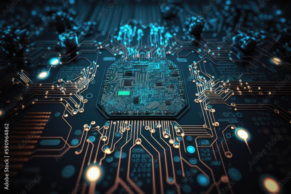 Poster detailed view of a computer motherboard's circuit board. generative ai