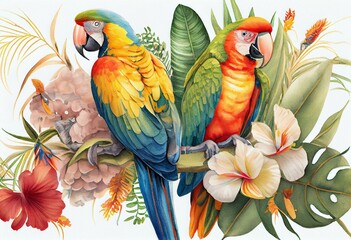 Parrots lovebirds, palm leaves, tropical flowers turmeric, orchid, hibiscus , watercolor botanical illustration. Generative AI
