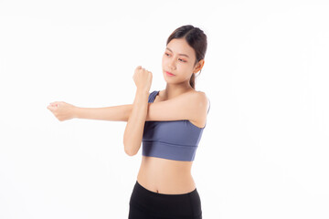 Fototapeta na wymiar Portrait beautiful young asian woman stretching hands or arms for exercise yoga and relax isolated on white background, female workout training for muscle strong, sport and health care concept.