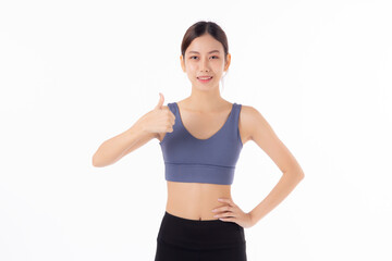Fototapeta na wymiar Portrait beautiful young asian woman in sportwear smile and thumbs up isolated on white background, sport and training exercise for health, female fitness workout for slimming and confident.