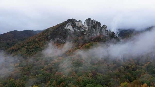 Aerial view of Seneca Rocks during Falls at West Virginia on a rainy day, 